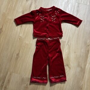 Vintage Mc Kids Red Velour Outfit 12 Months Floral Embroidered Wide Leg Y2K